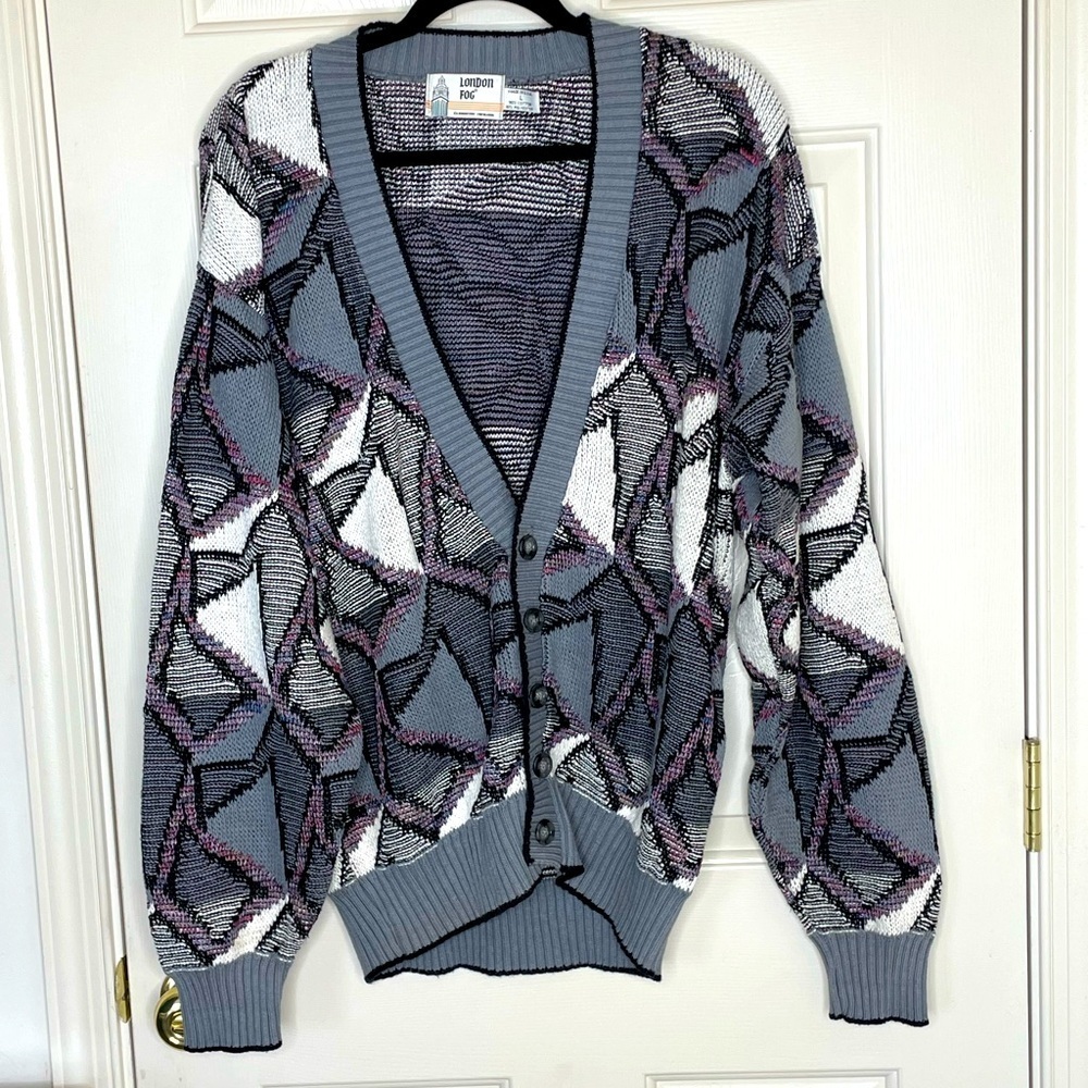 Vintage London Fog Men’s Cardigan Sweater Geometric 80s 90s Button Up | L